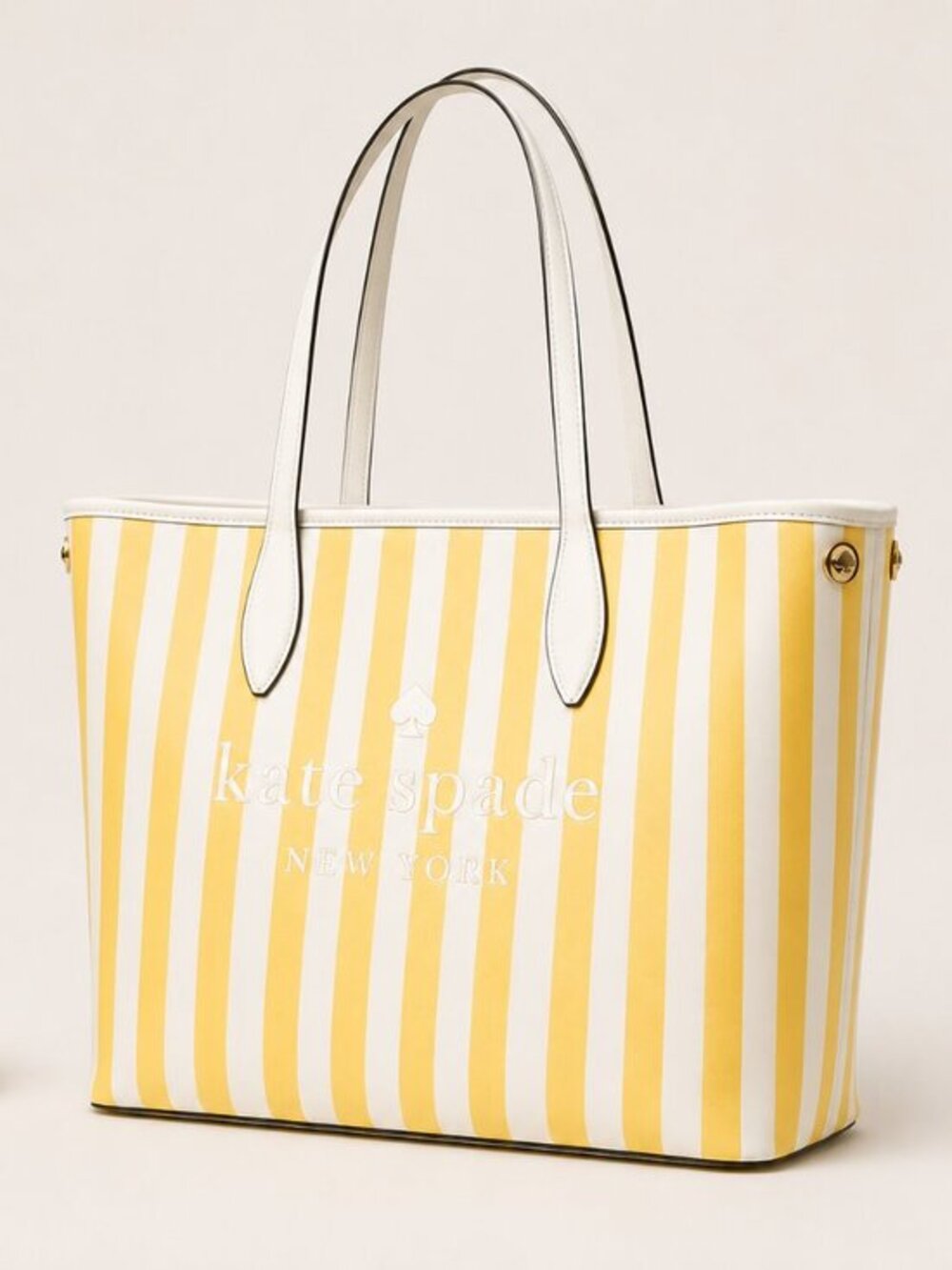 Kate Spade Yellow Stripe Large Tote Canvas Leather Trim NWT